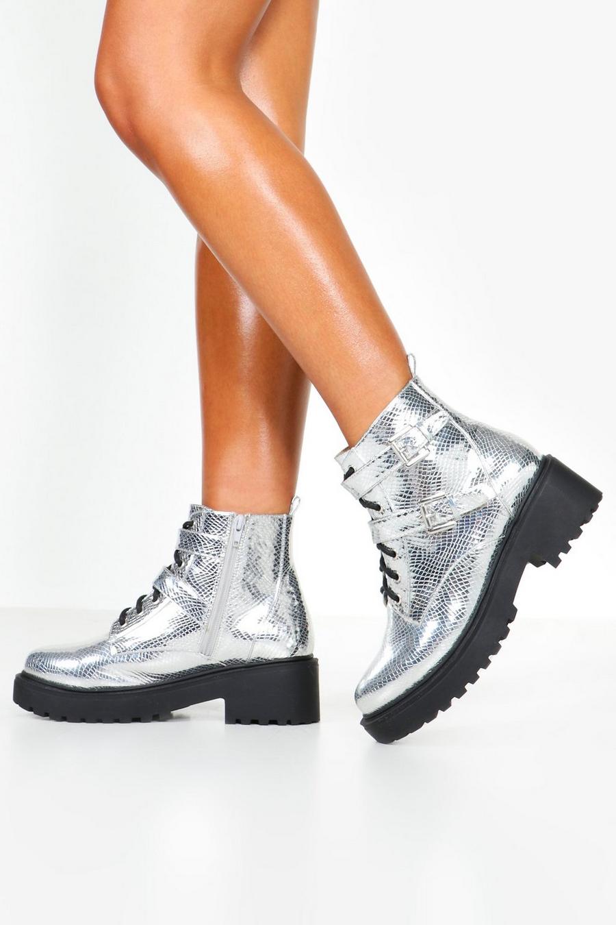 Silver Metallic Chunky Hiker Boots | boohoo Silver Metallic Chunky Hiker Boots | boohoo