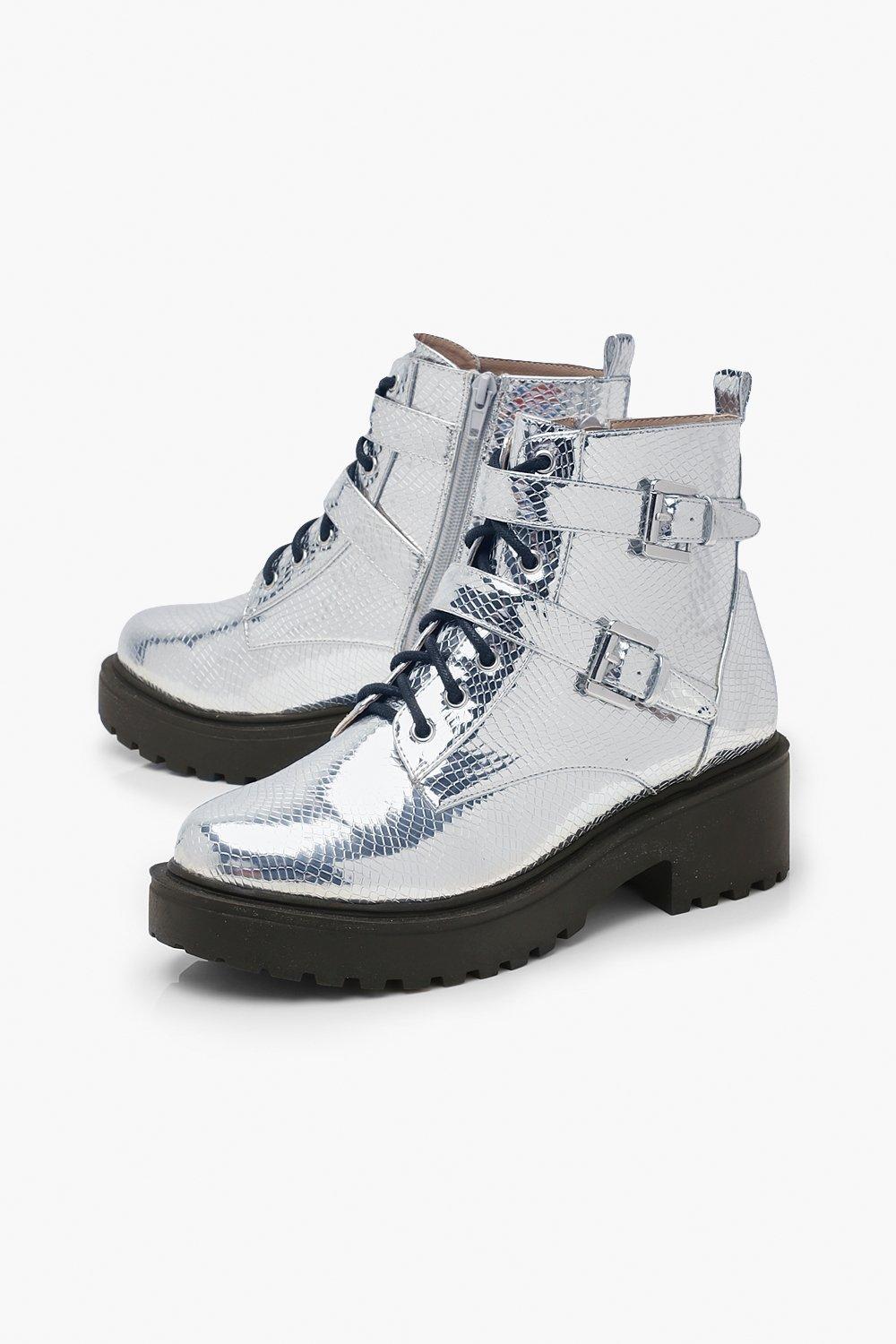 silver metallic combat boots