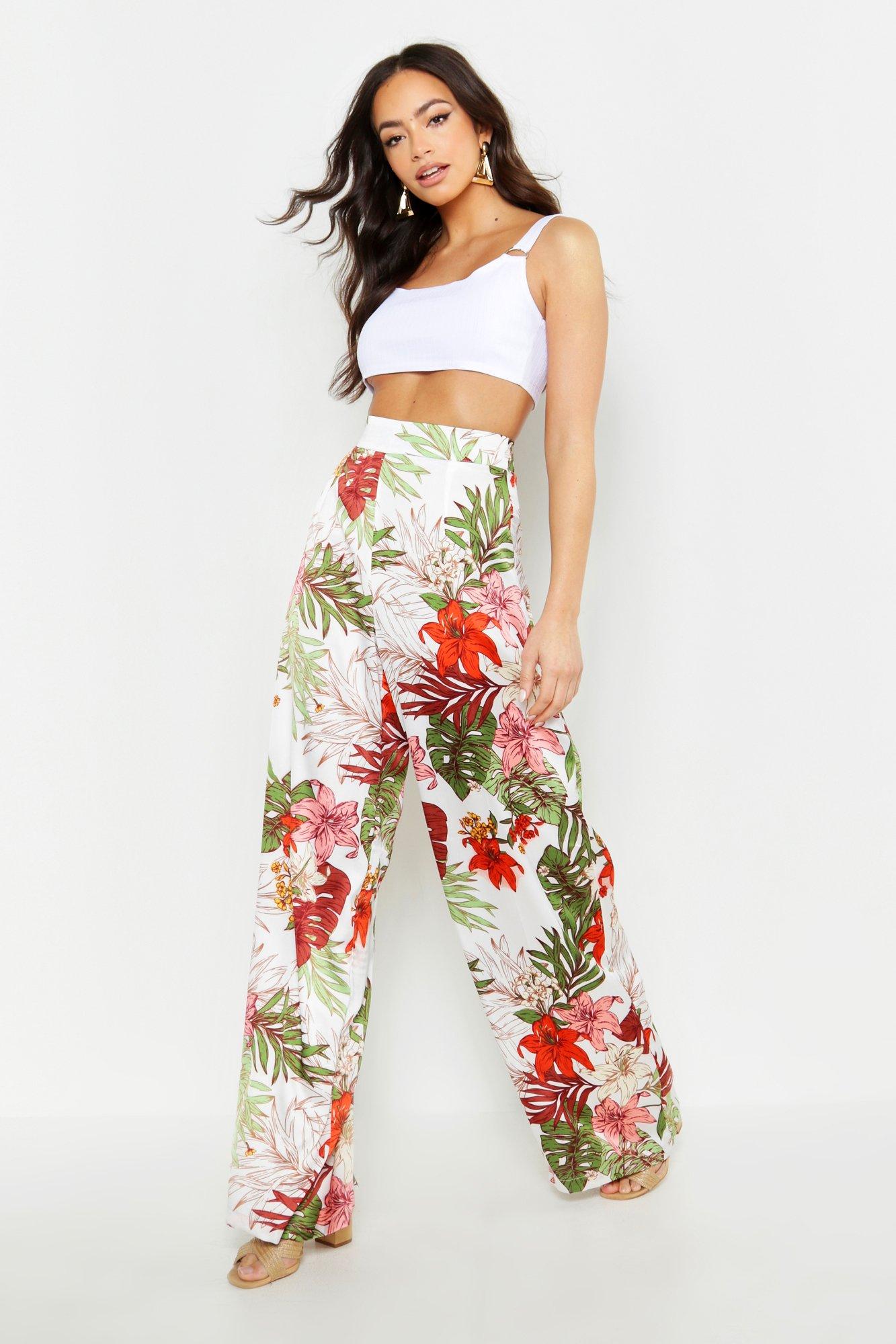 Tropical Print Wide Leg Pants, Casual Beach Wear Tie Waist Pants For Spring  & Summer, Women's Clothing