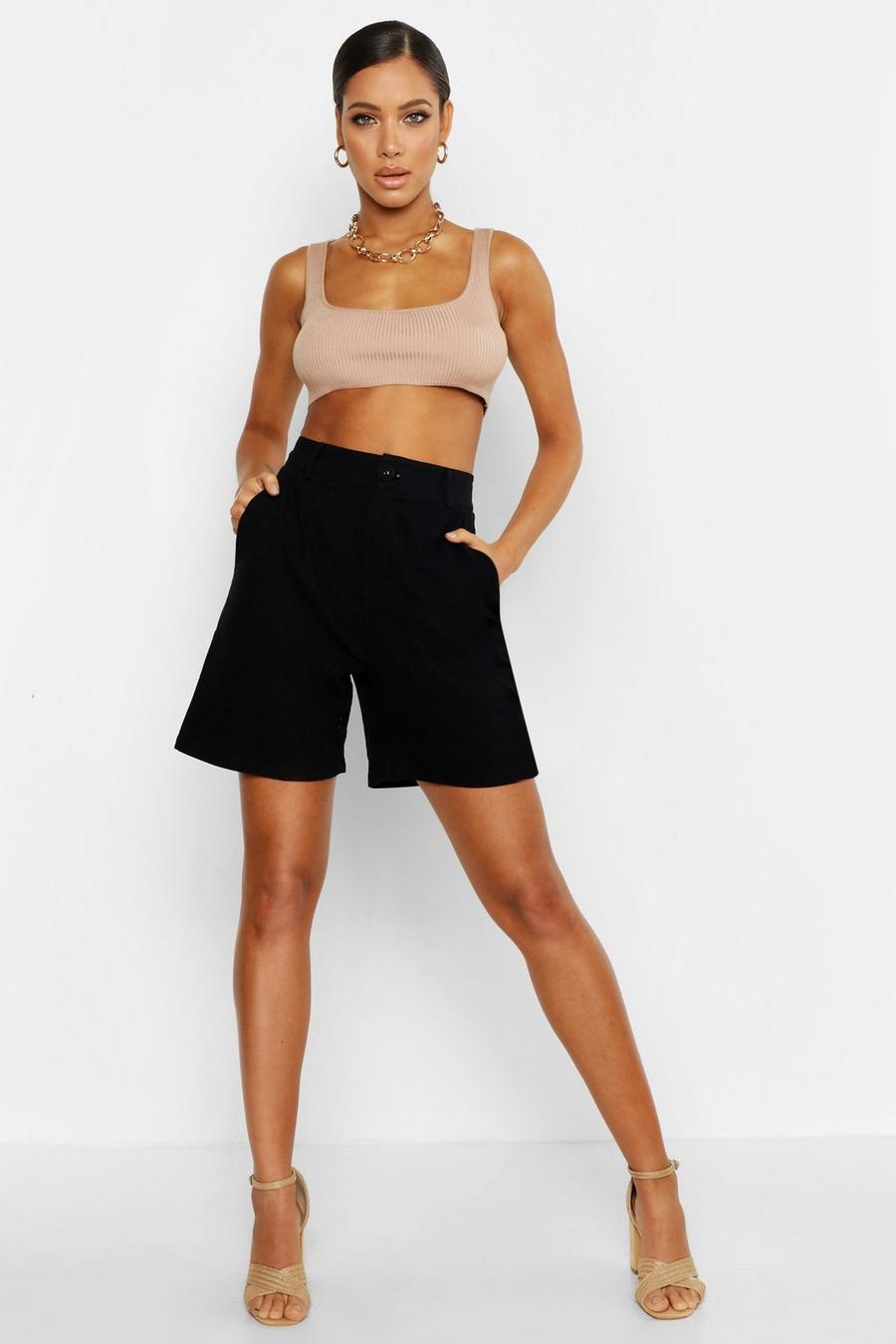 Pantalones cortos entallados tipo lino de estilo urbano, Negro image number 1