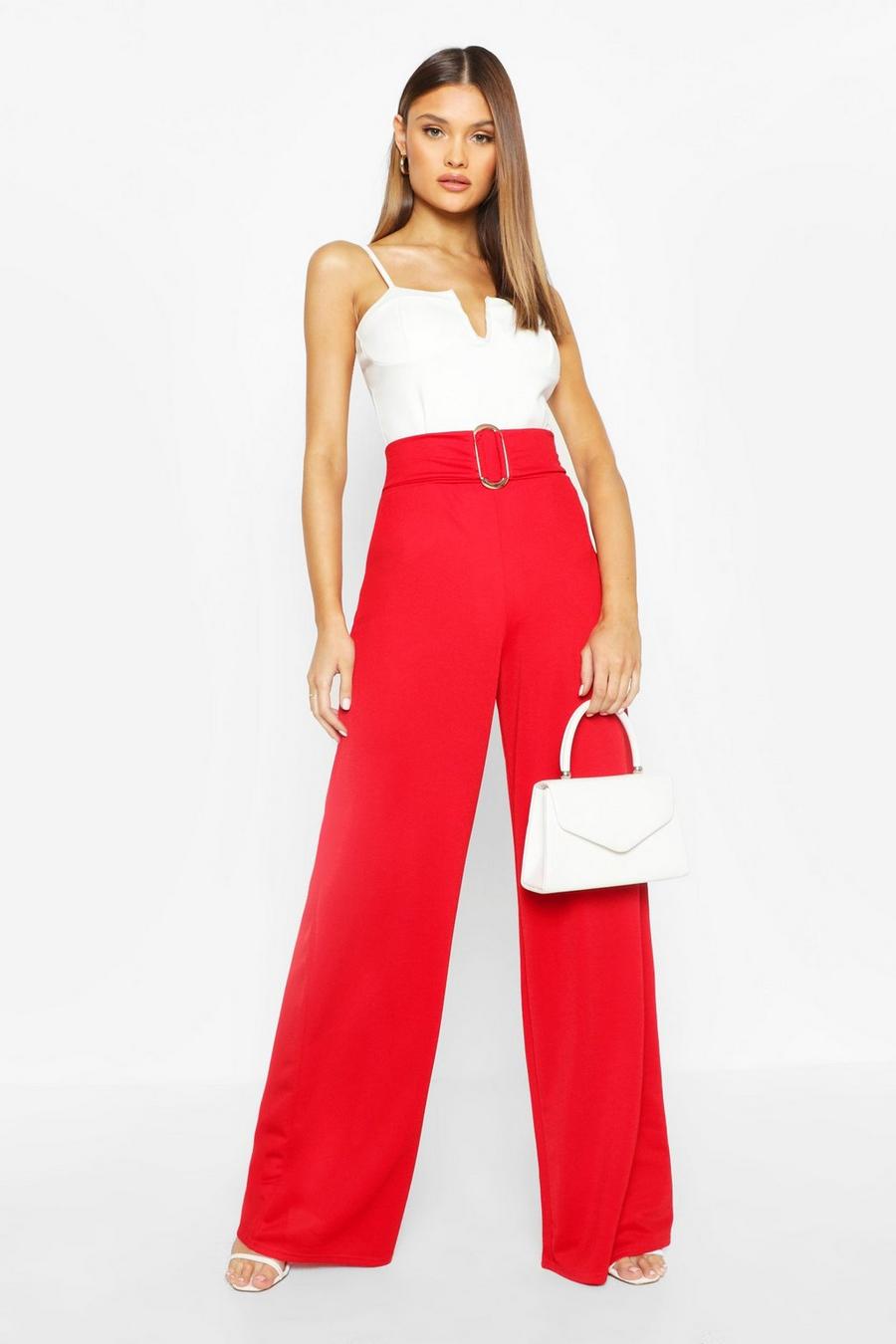 Red Buckle Detail Crepe Wide Leg Trousers image number 1