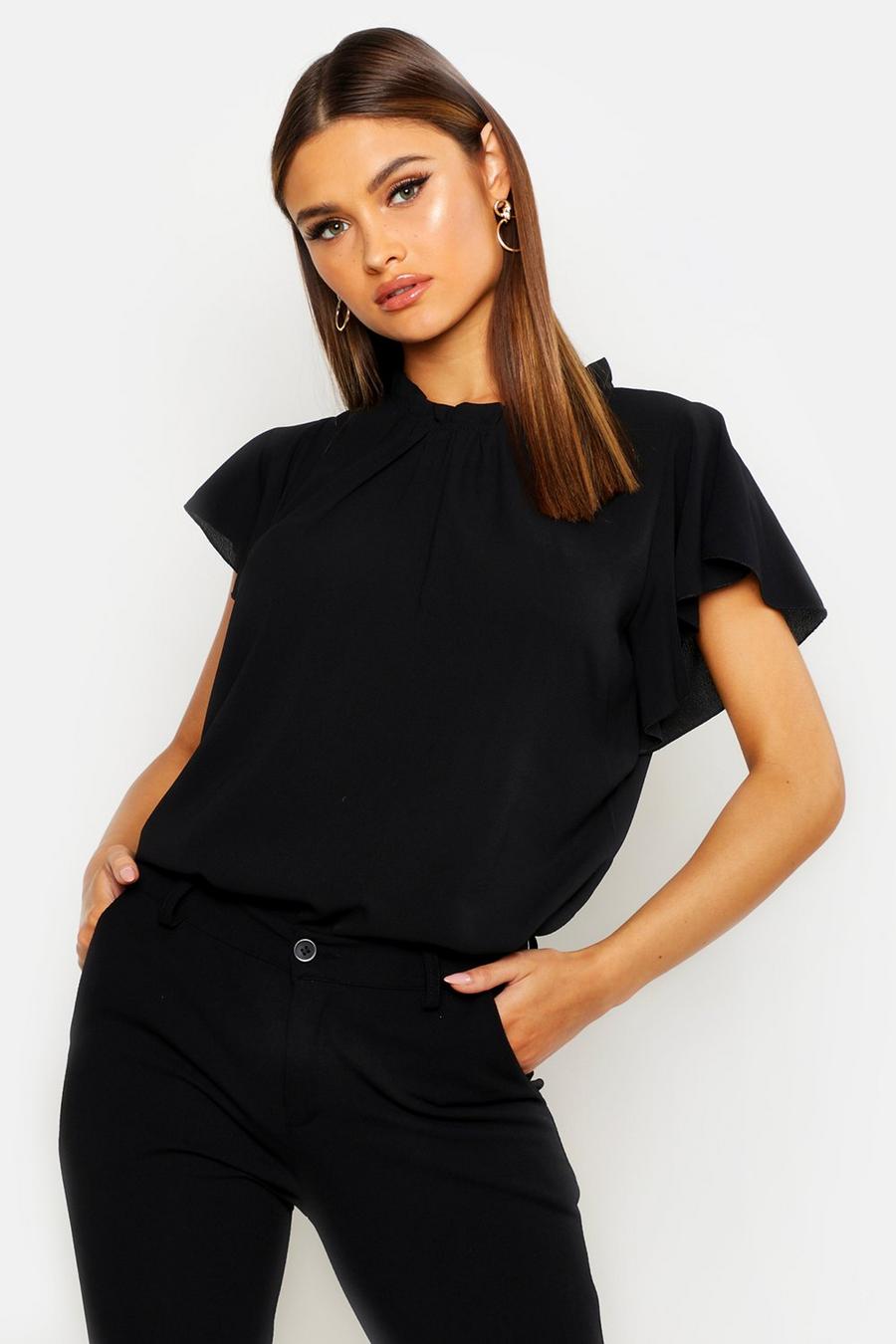 Black Woven Frill Sleeve & Neck Blouse image number 1