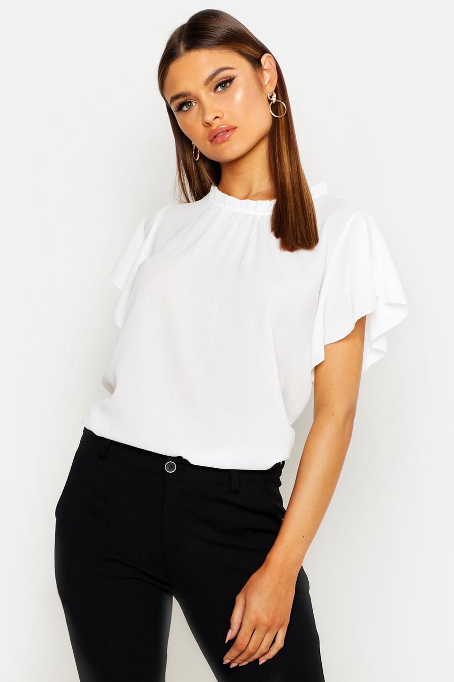 White Woven Frill Sleeve & Neck Blouse image number 1