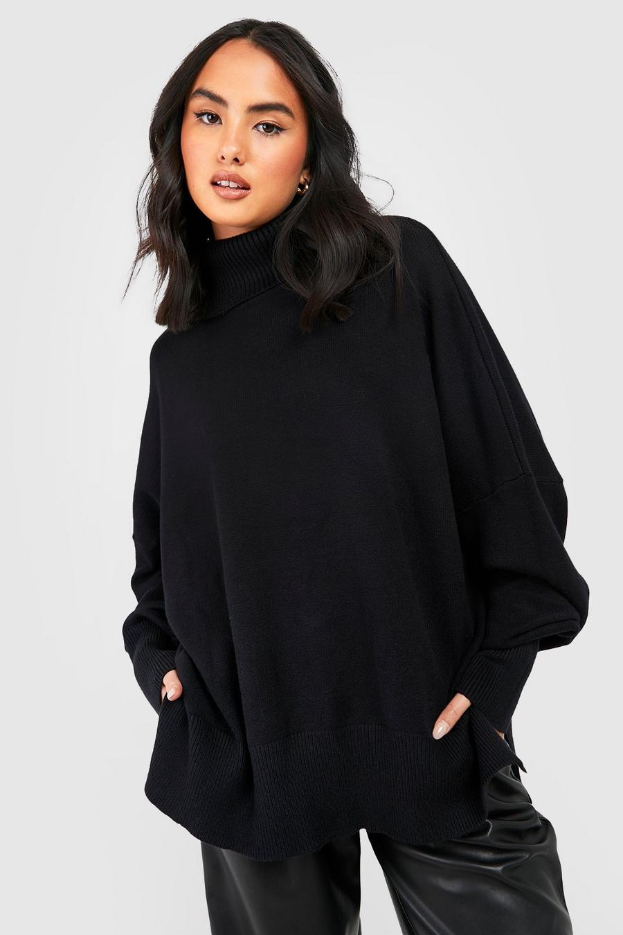 Black Oversized Turtle Neck Knitted Sweater image number 1