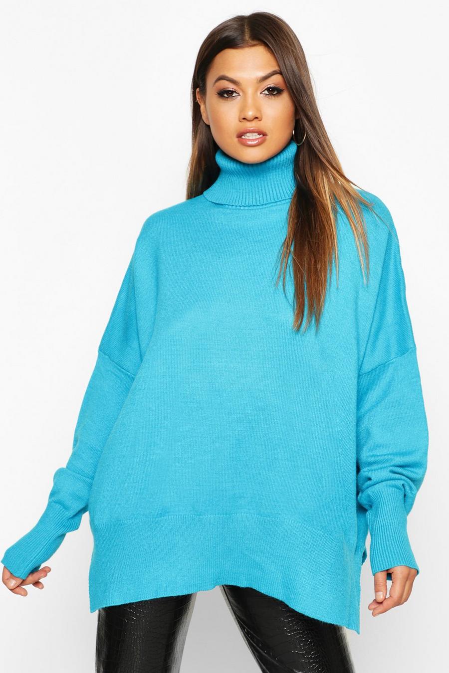 Blue Oversized Turtle Neck Knitted Sweater image number 1
