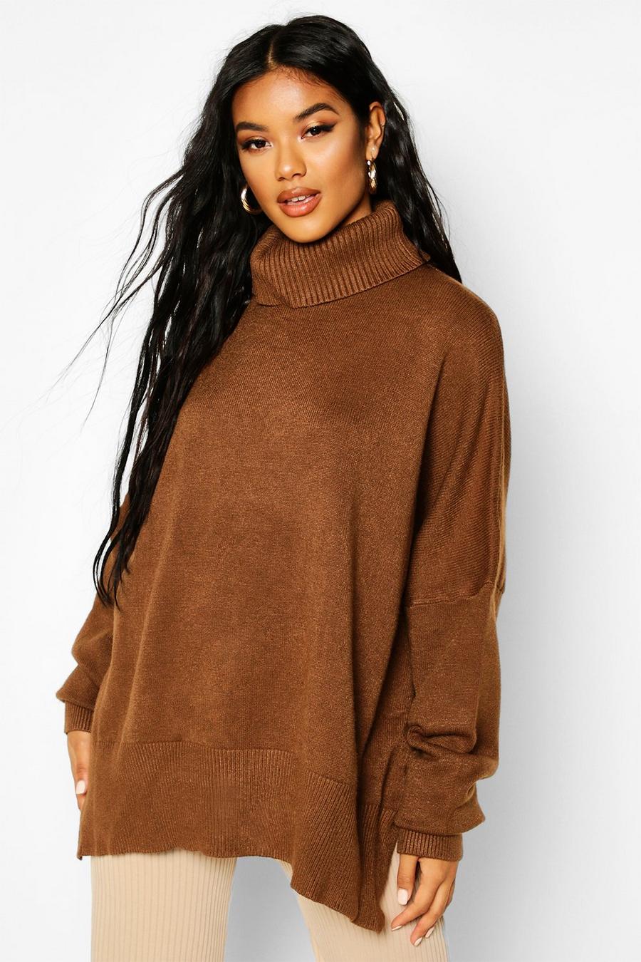 Chocolate Oversized Turtle Neck Knitted Jumper image number 1
