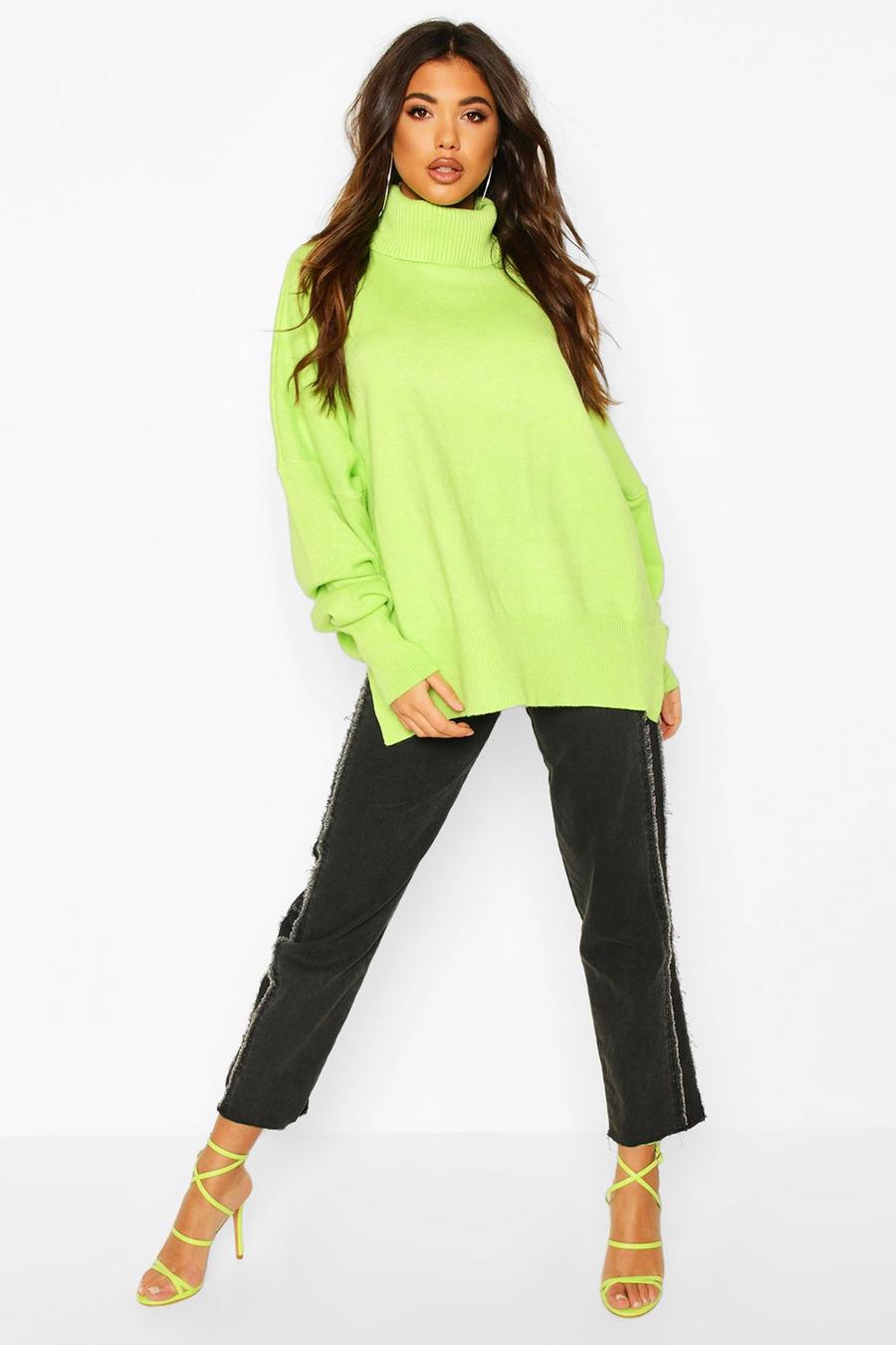 Lime Oversized Turtle Neck Knitted Sweater image number 1