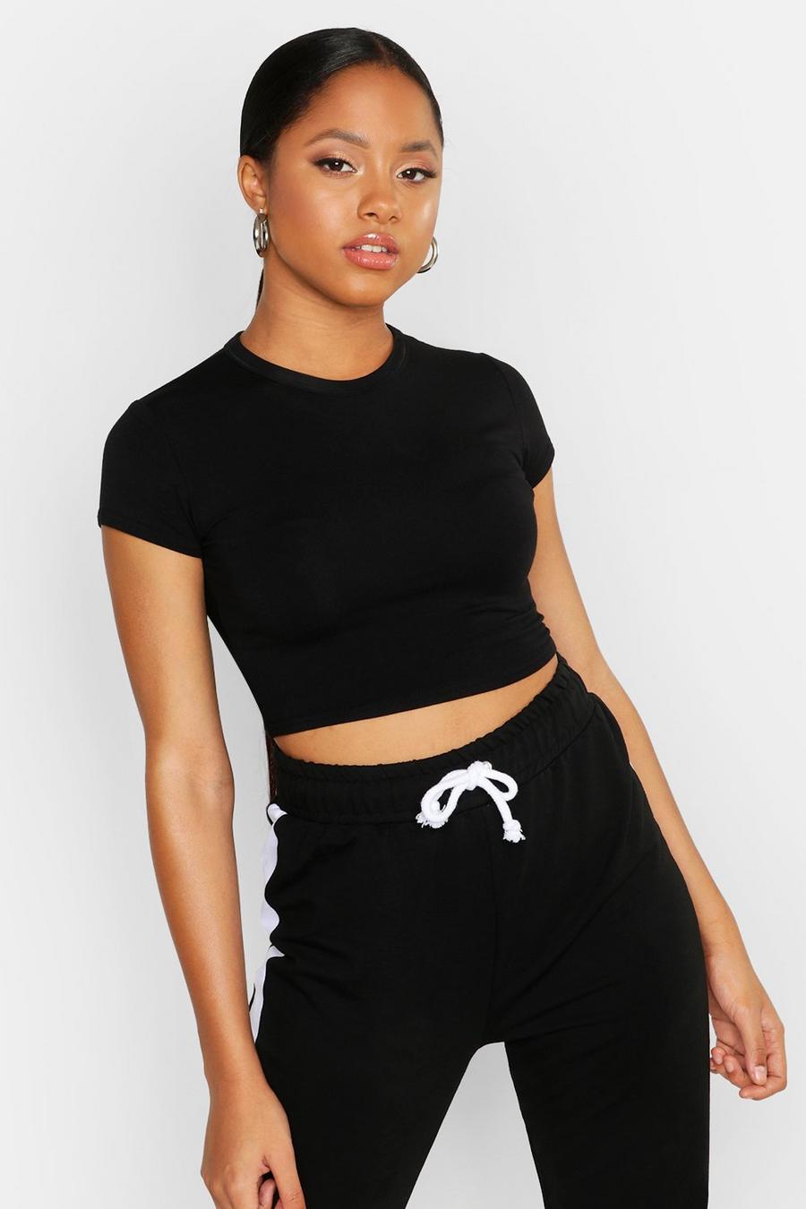 Black Cropped Capped Sleeve T-Shirt image number 1