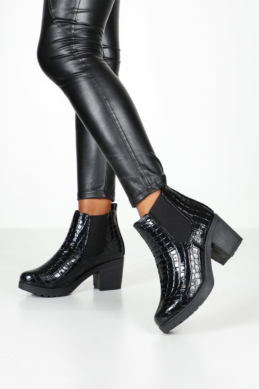 Wide Fit Croc Chunky Chelsea Boots | Boohoo UK