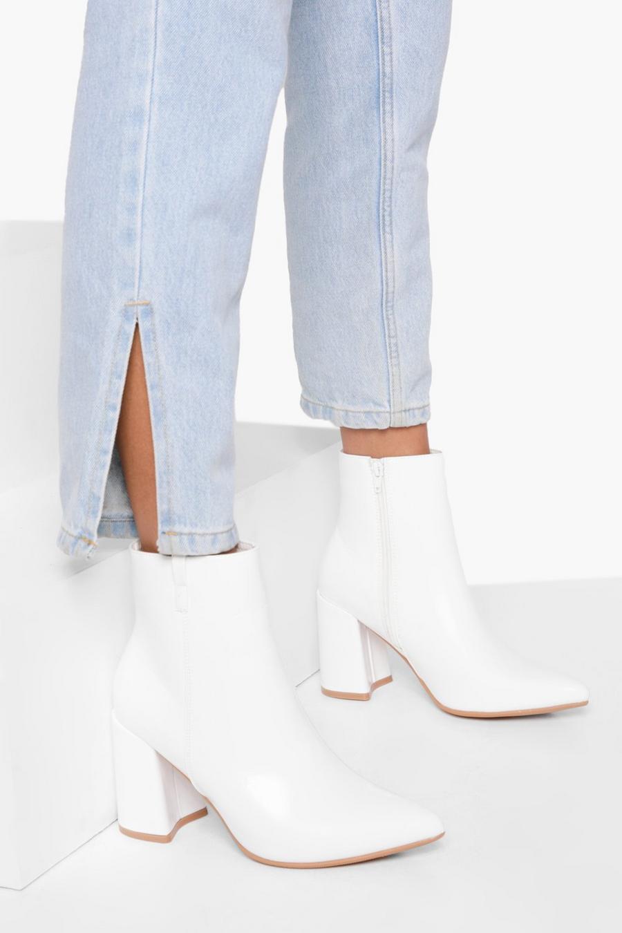 Botas calcetín con tacón grueso y punta de pico, White blanco