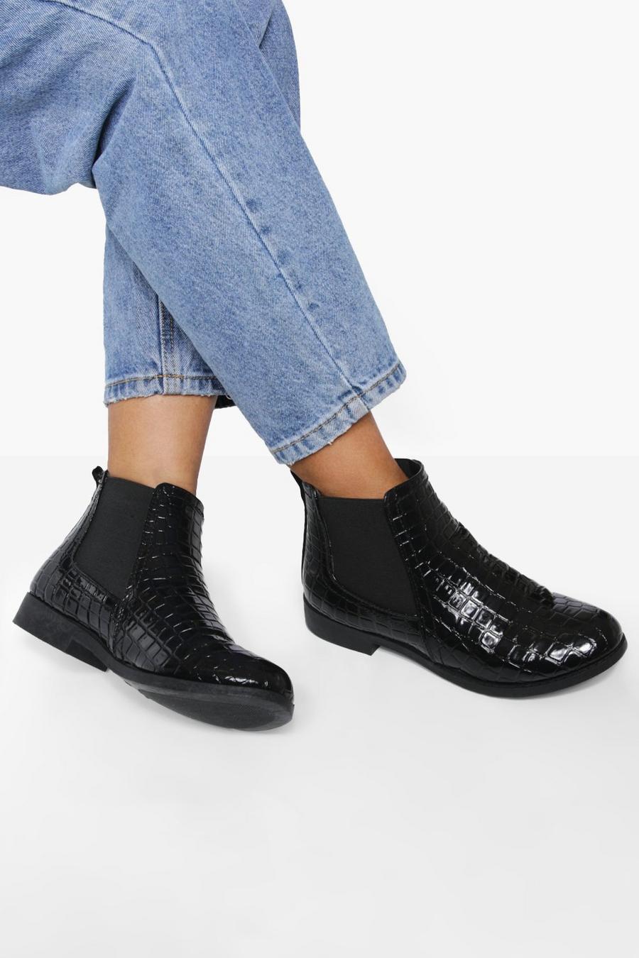 Black Patent Croc Chelsea Boots