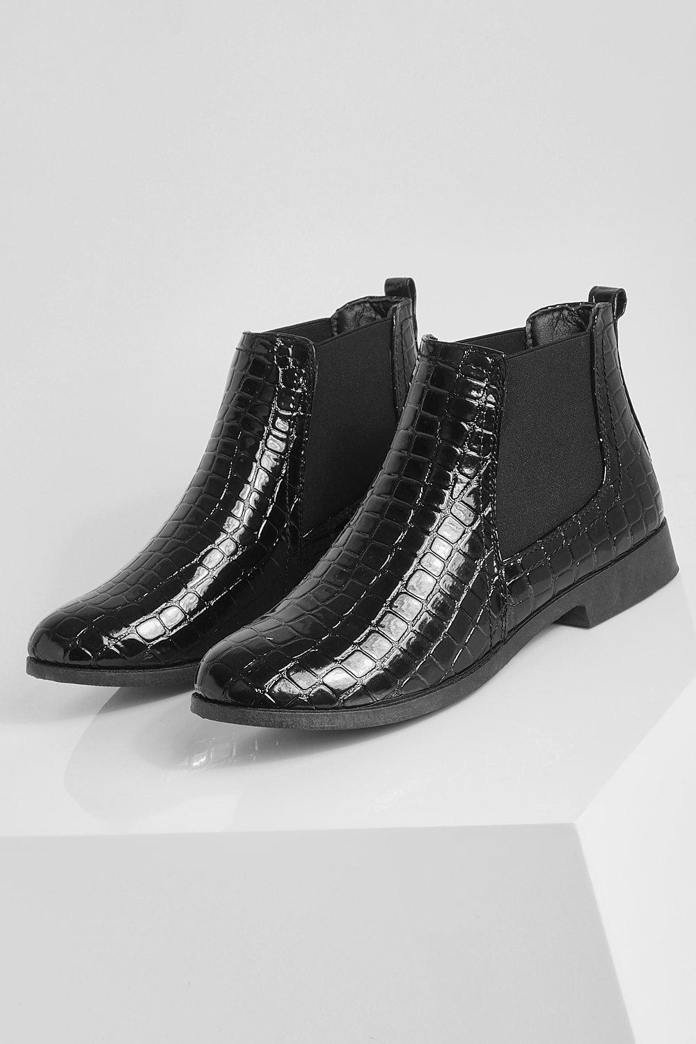 black patent croc chelsea boots