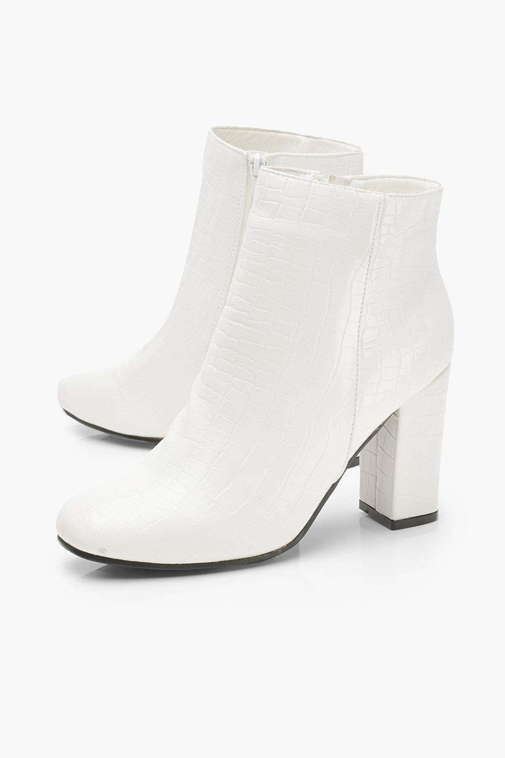 white croc block heel shoe boots