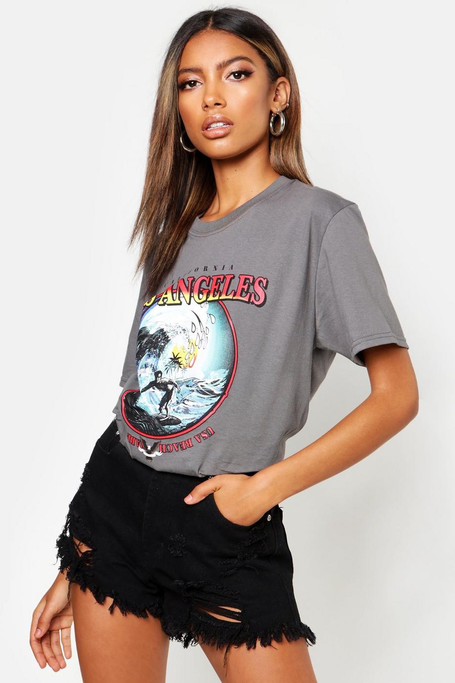 Charcoal Los Angeles Surf T-Shirt Met Tekst image number 1