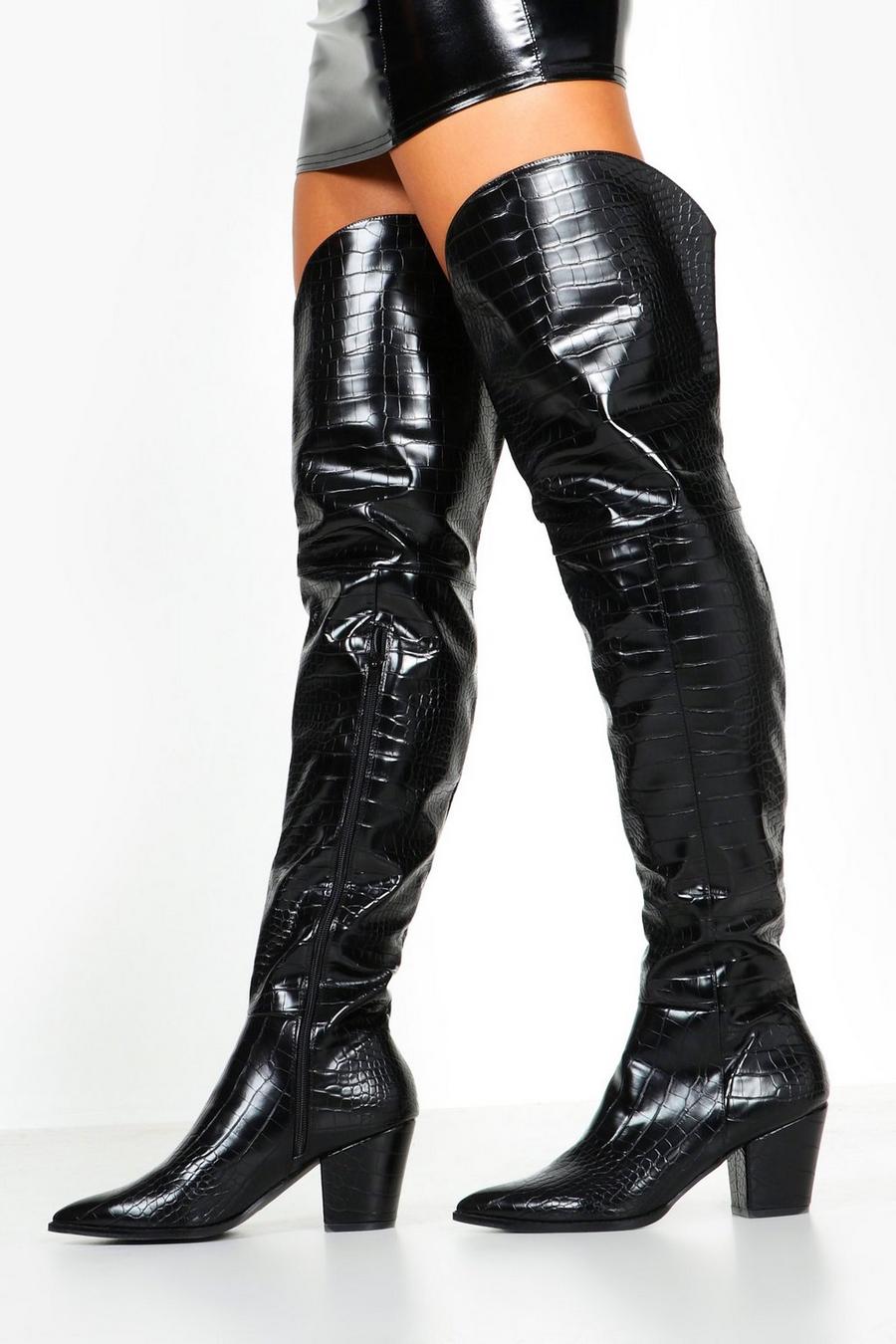 Black Croc Thigh High Western Boots image number 1