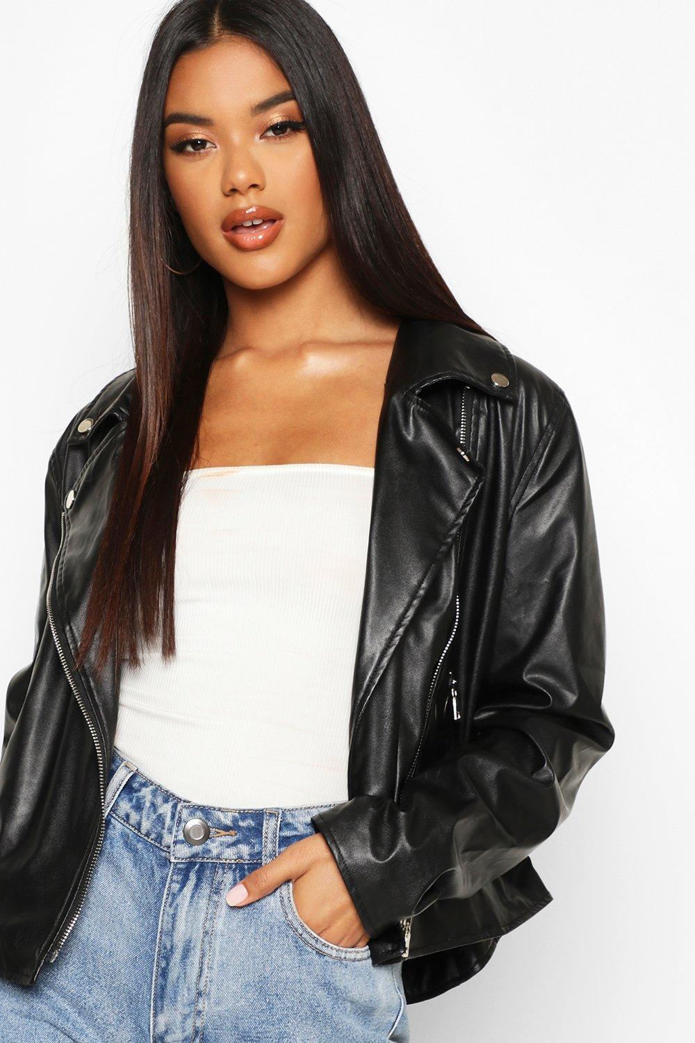 boohoo Womens Petite Faux Leather Oversized Moto Jacket - White 6