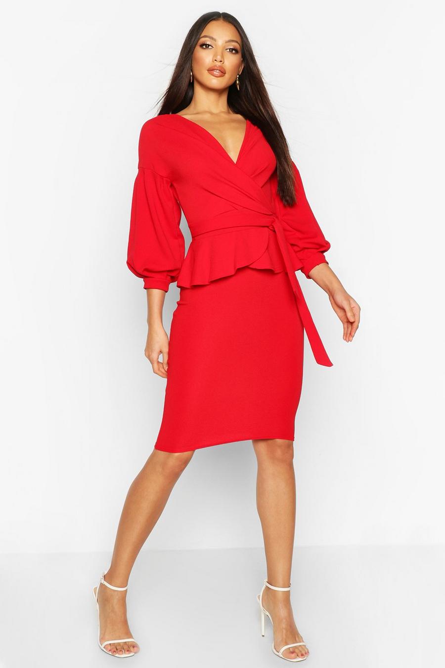 Red Off The Shoulder Wrap Peplum Midi Dress