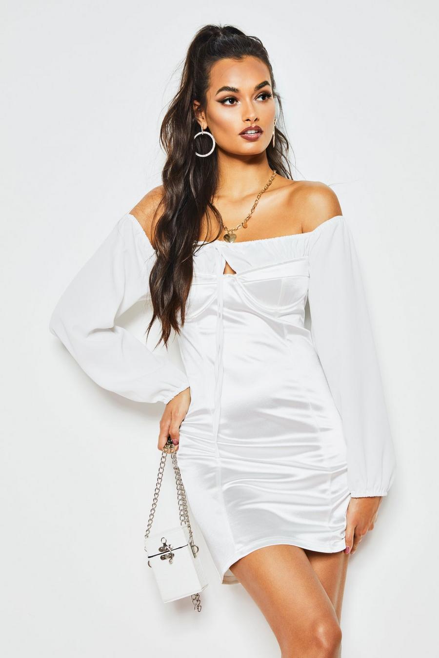Off The Shoulder Ruched Stretch Satin Dress | boohoo