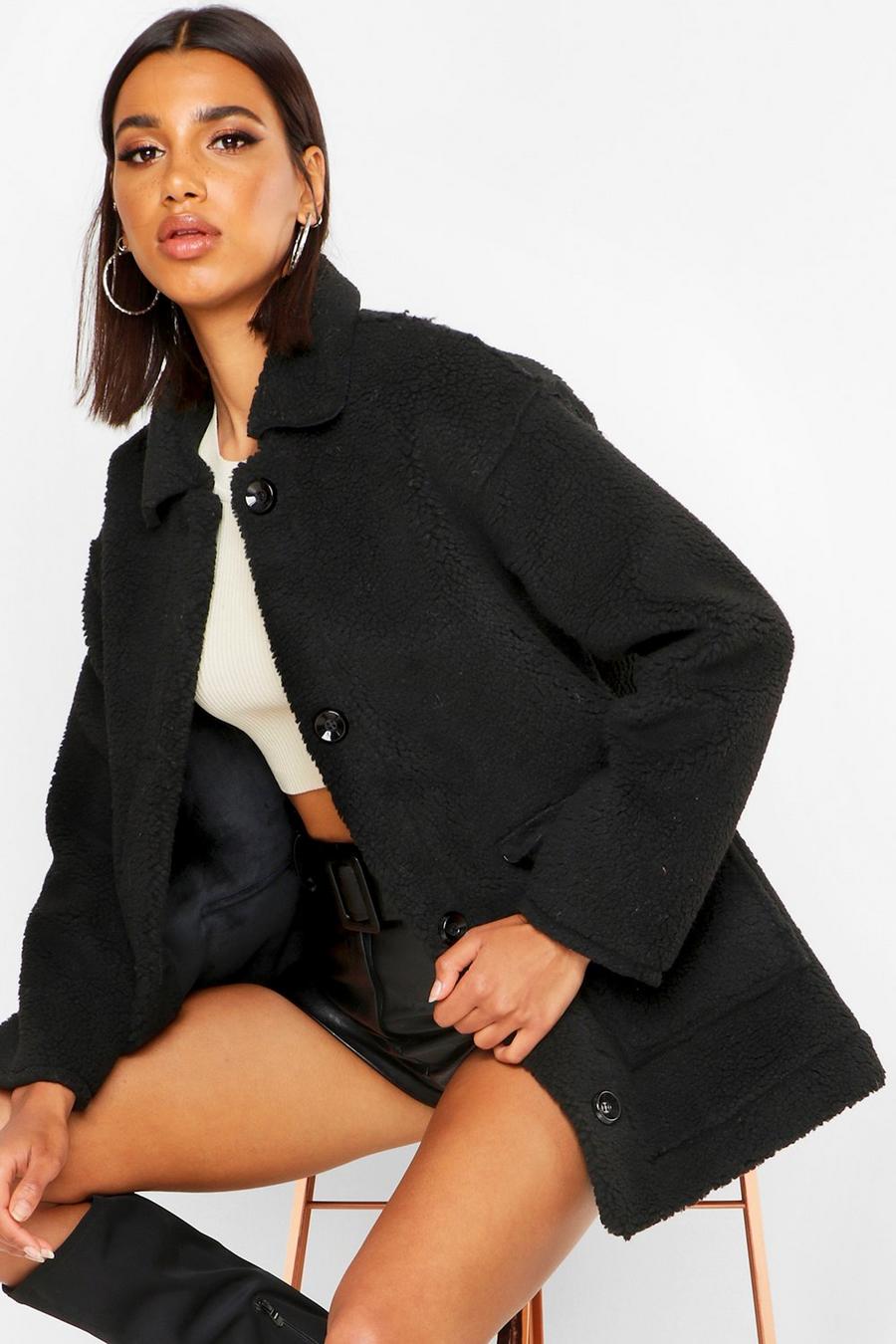 Faux Suede Lined Teddy Faux Fur Coat image number 1