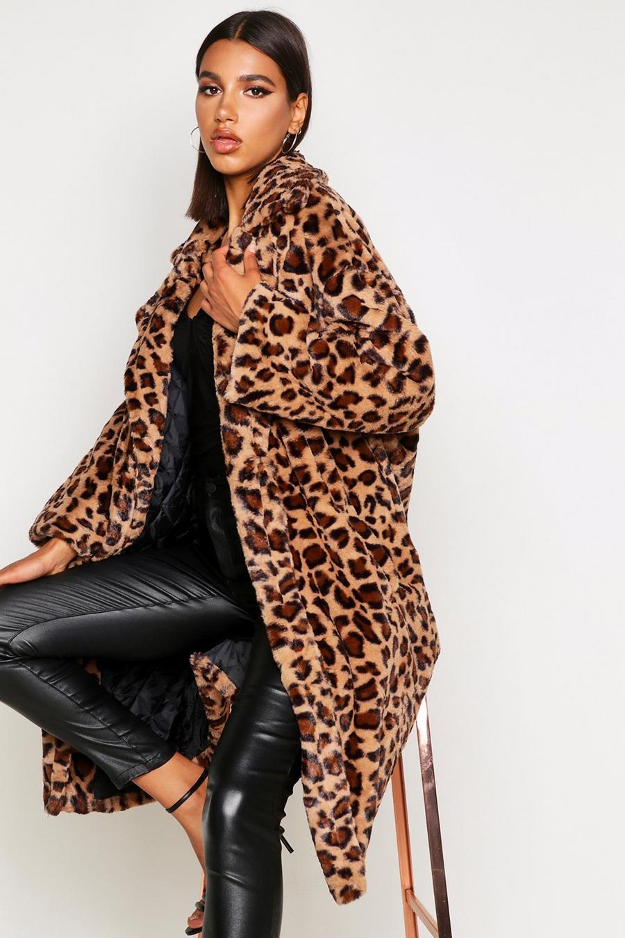 Manteau oversize en fausse fourrure léopard, Marron image number 1