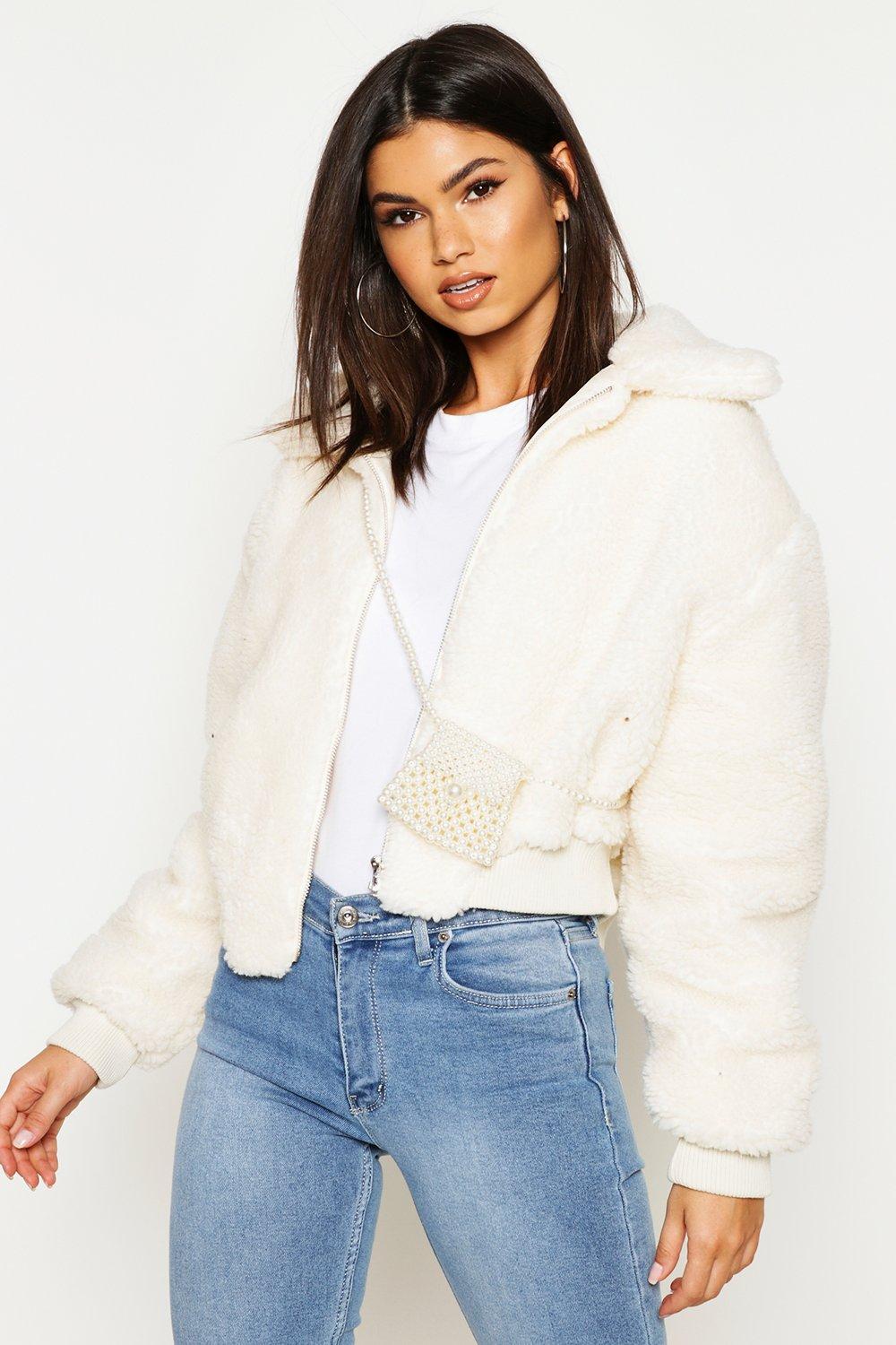 crop faux teddy fur bomber jacket