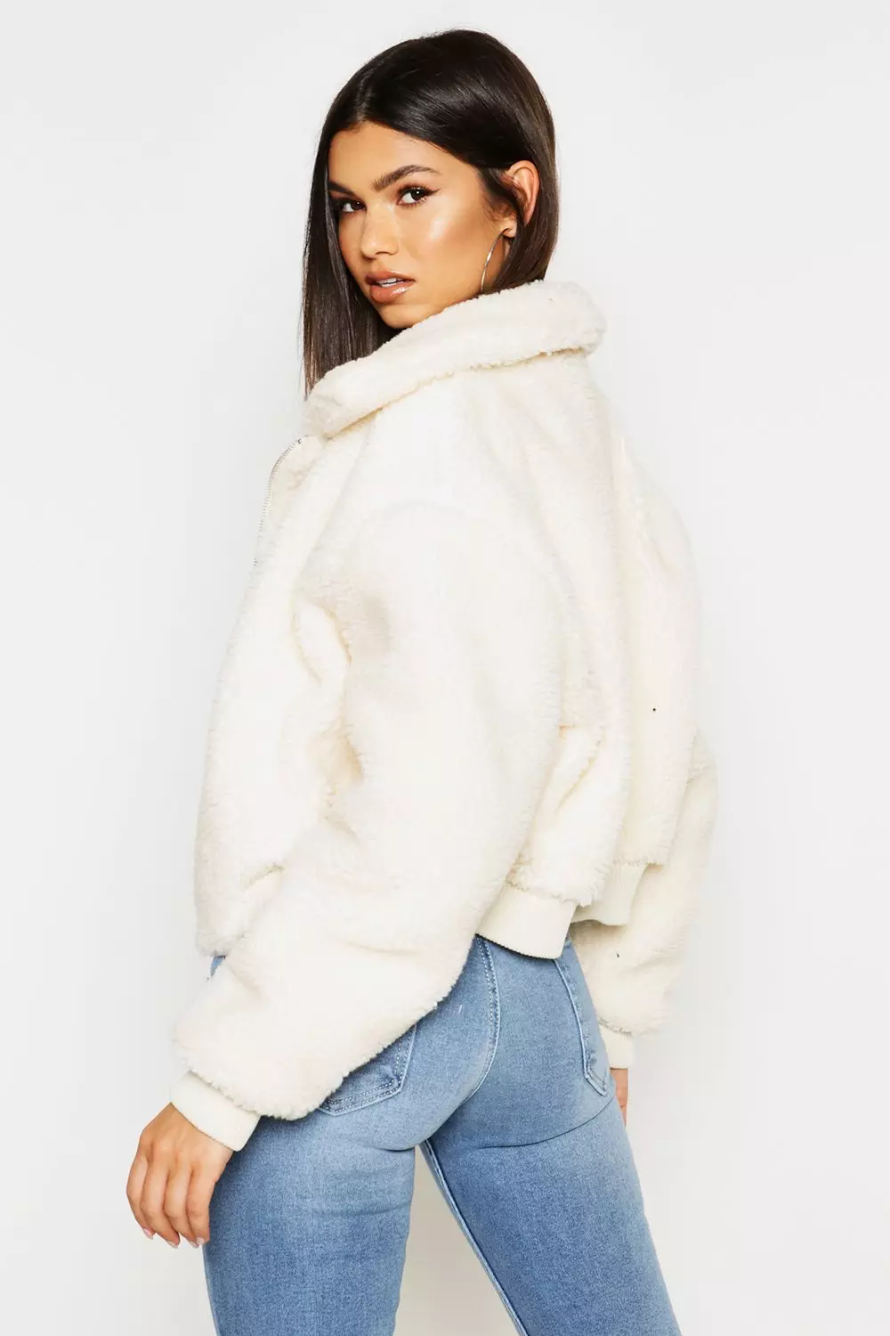 crop faux teddy fur bomber jacket