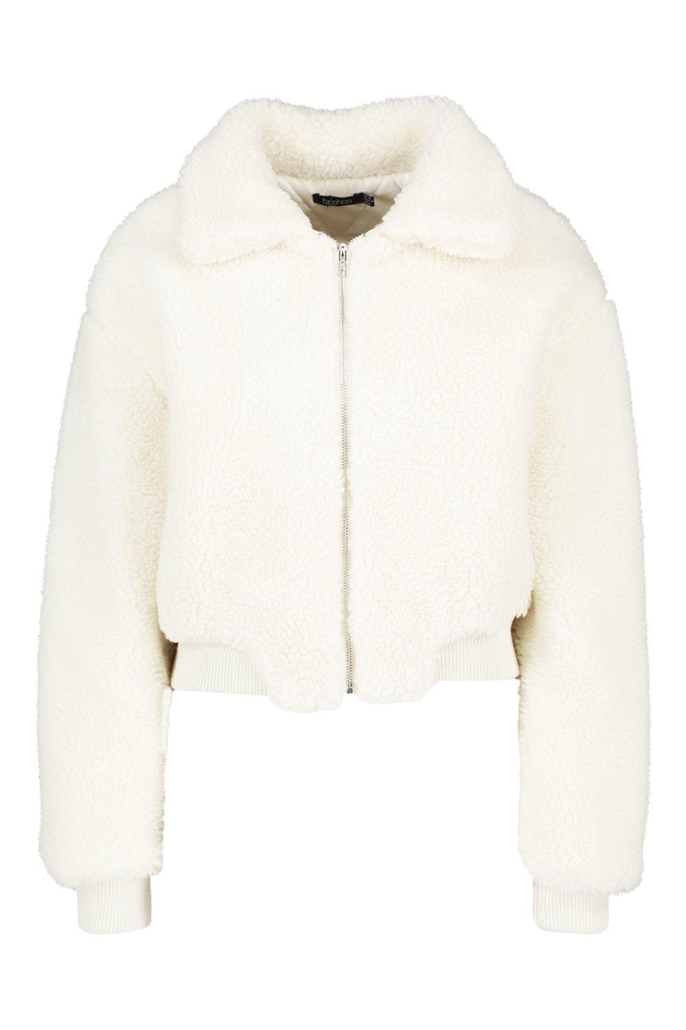 Cream faux teddy fur bomber jacket sale