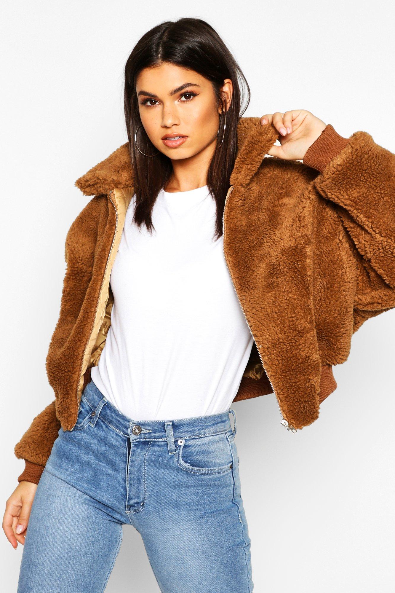 Crop faux teddy fur bomber jacket