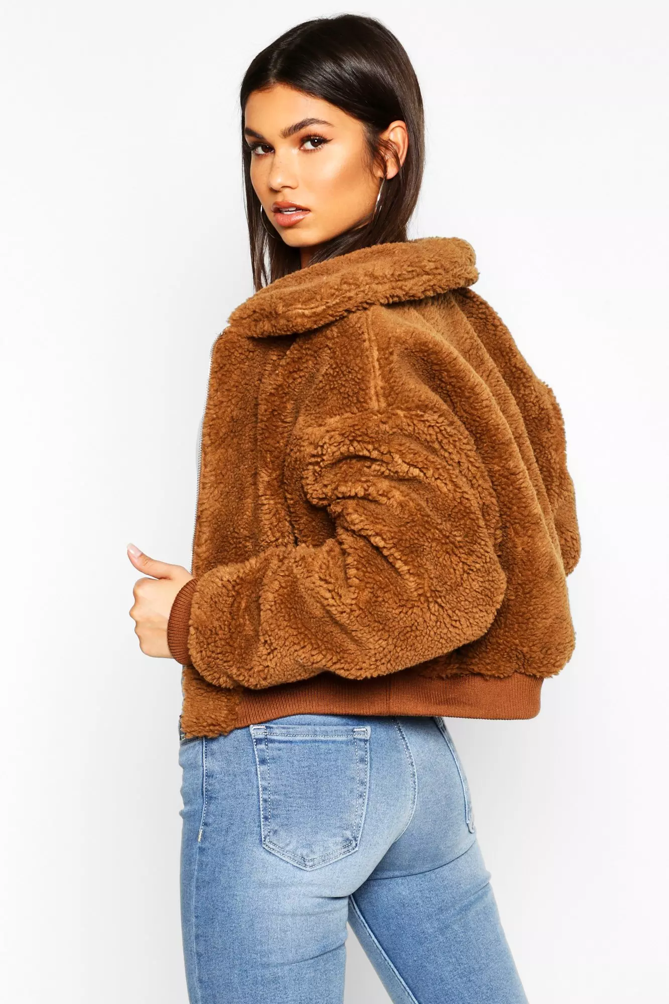 Camel teddy on sale fur bomber jacket