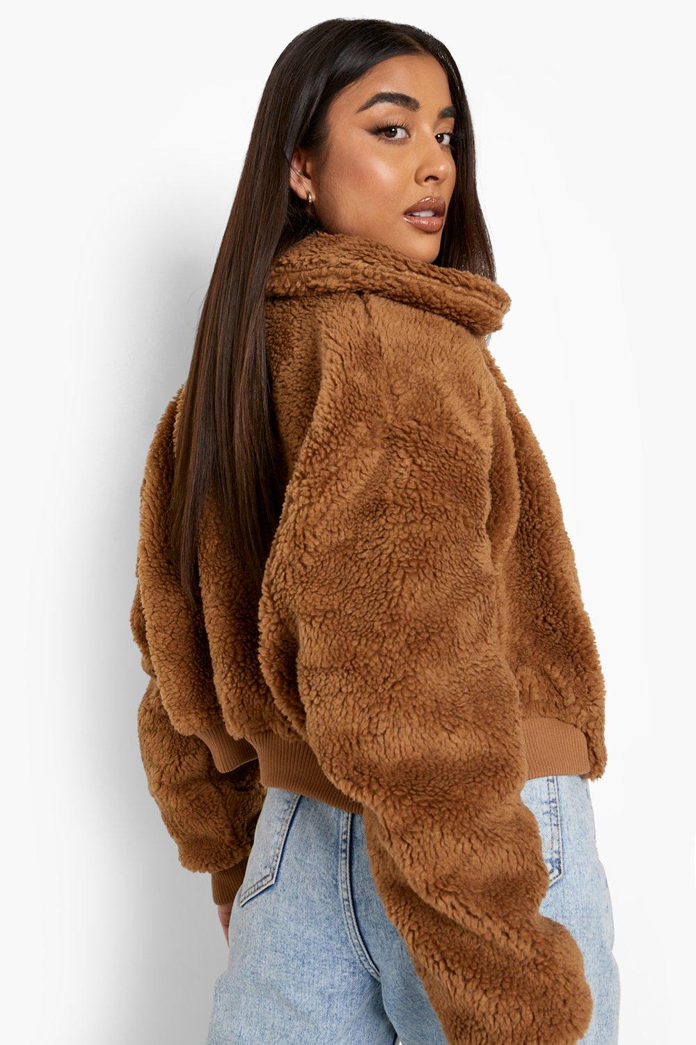 Crop Faux Teddy Fur Bomber Jacket