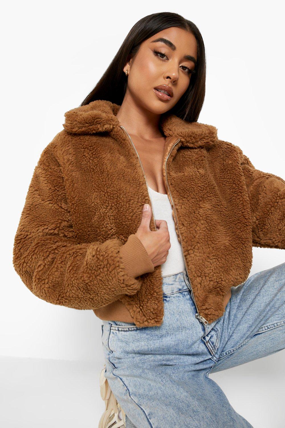 Cropped teddy shop bomber jacket