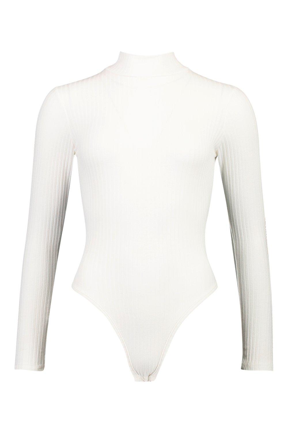 Women's Cream Turtle Neck Long Sleeve Knitted Rib Bodysuit