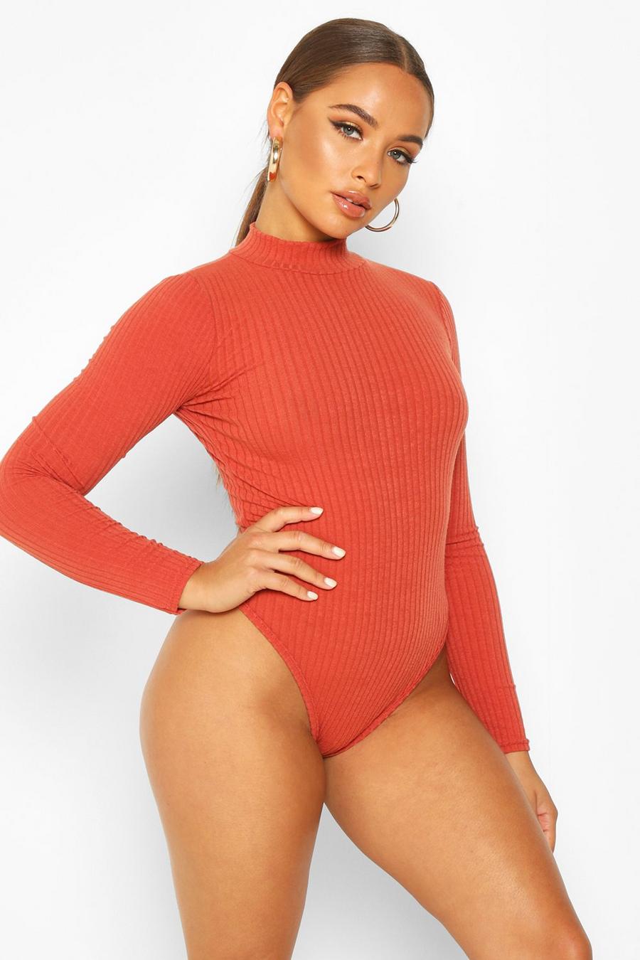 Rust Turtle Neck Long Sleeve Knitted Rib Bodysuit image number 1