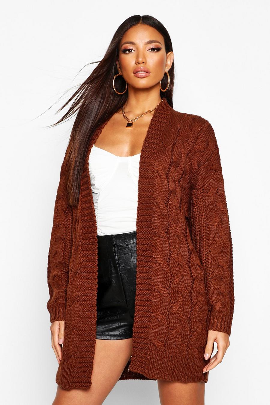 Brown Cable Knit Chunky Longline Cardigan image number 1