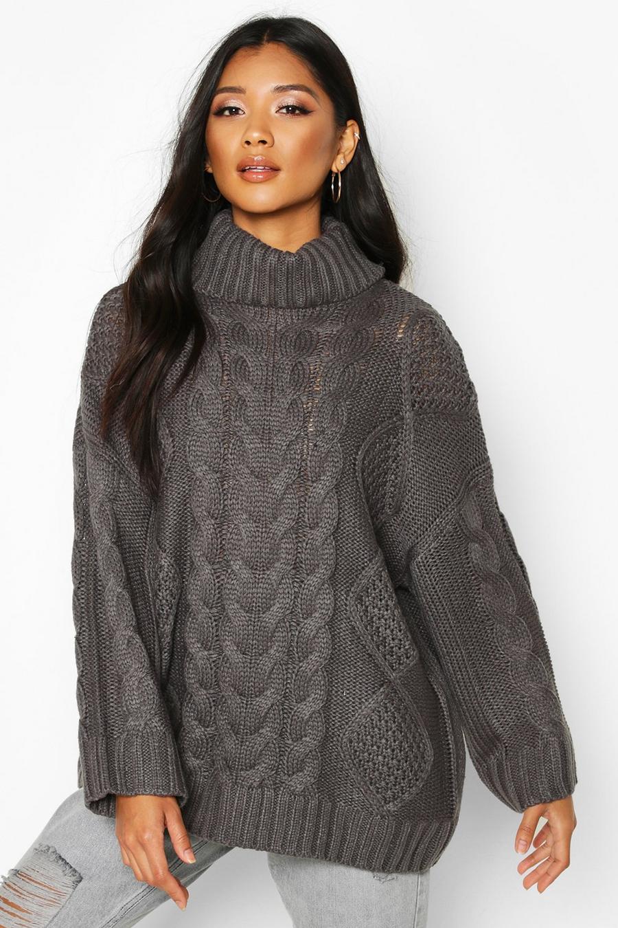 Mid grey Roll Neck Oversized Cable Knit Jumper image number 1