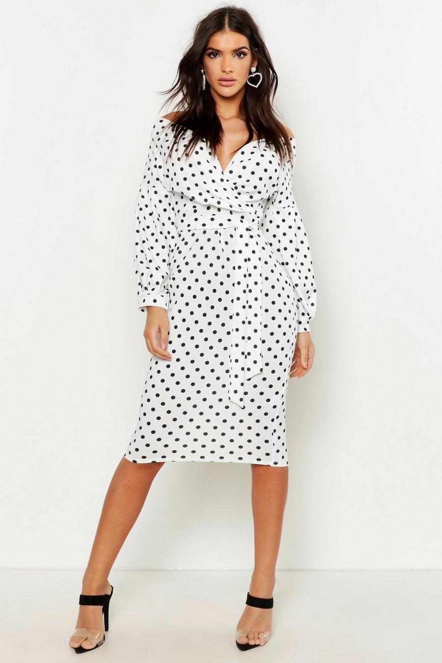 Polka Dot Off Shoulder Wrap Midi Dress image number 1