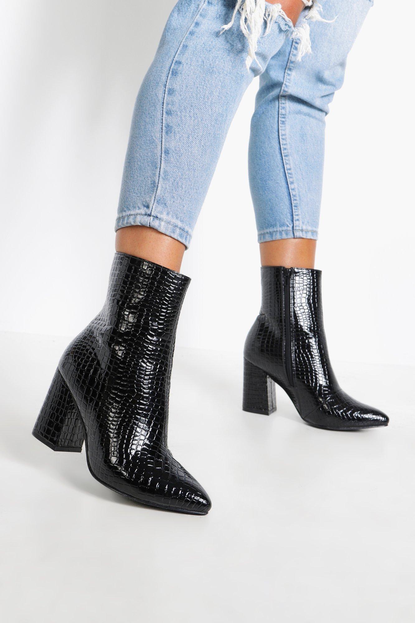 black croc block heels