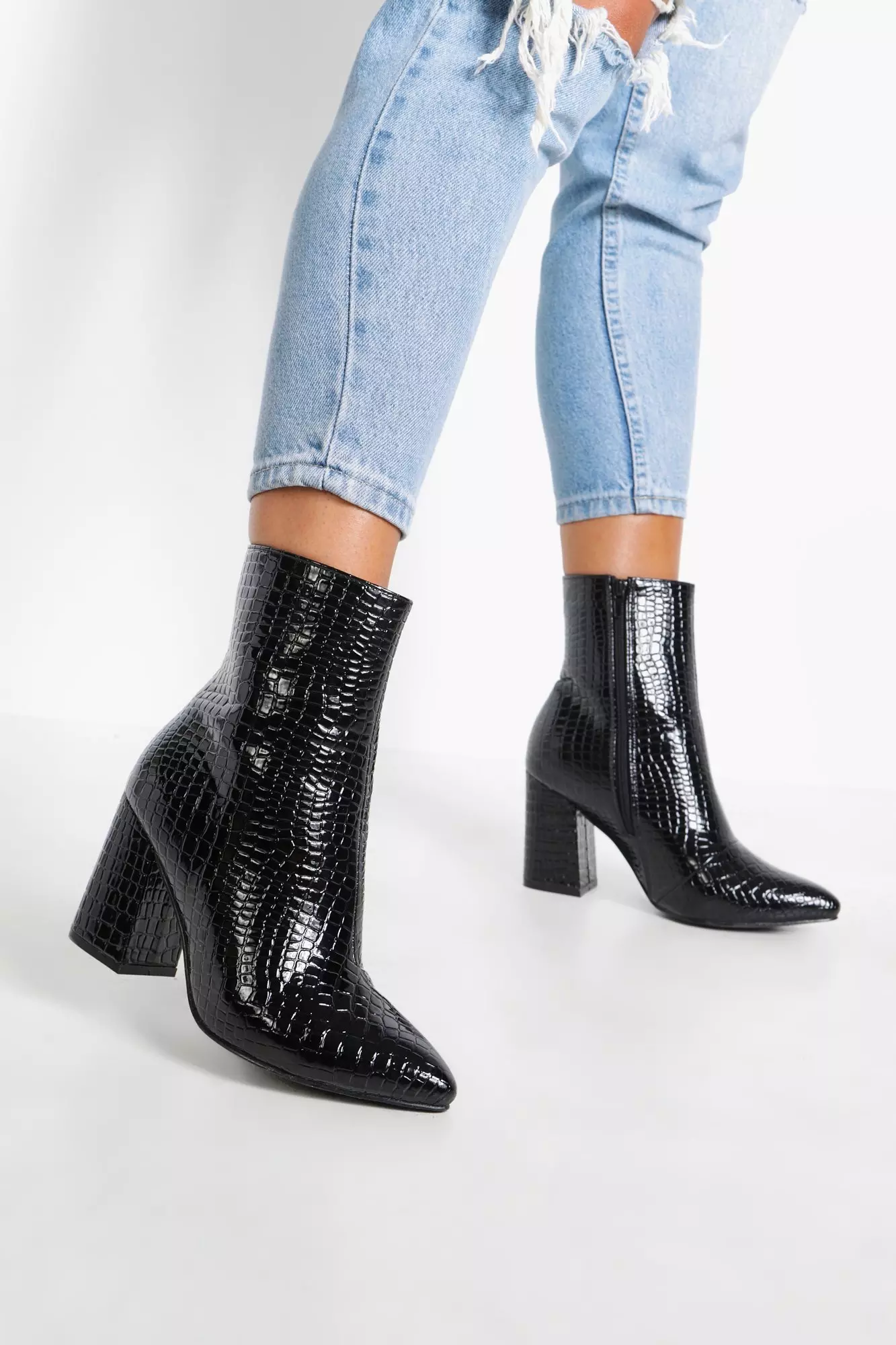 Black Wide Fit Croc Block Heel Sock Boots alternative image