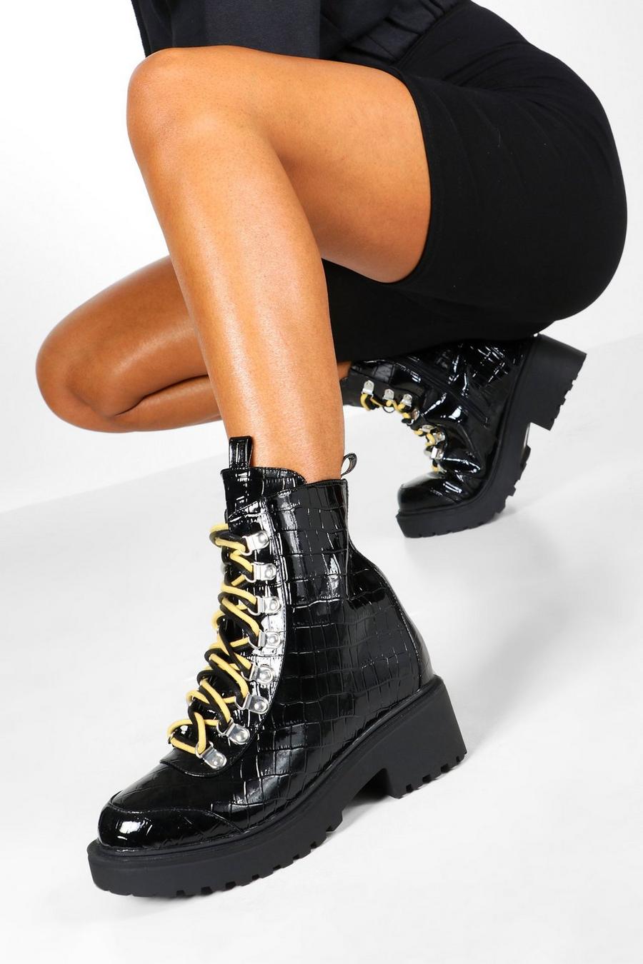 Black Croc Double Lace Chunky Hiker Boots image number 1