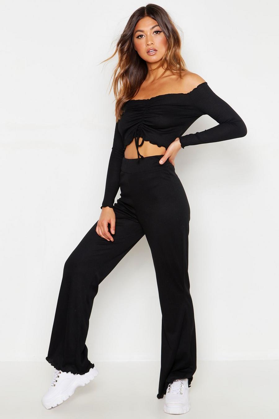 Ruched Front Long Sleeve Rib Top & Pants Two-Piece image number 1