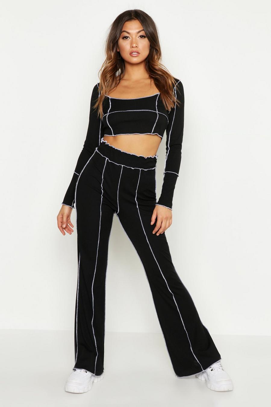 Wrap Detail Rib Wide Leg Trouser & Top Co-Ord image number 1