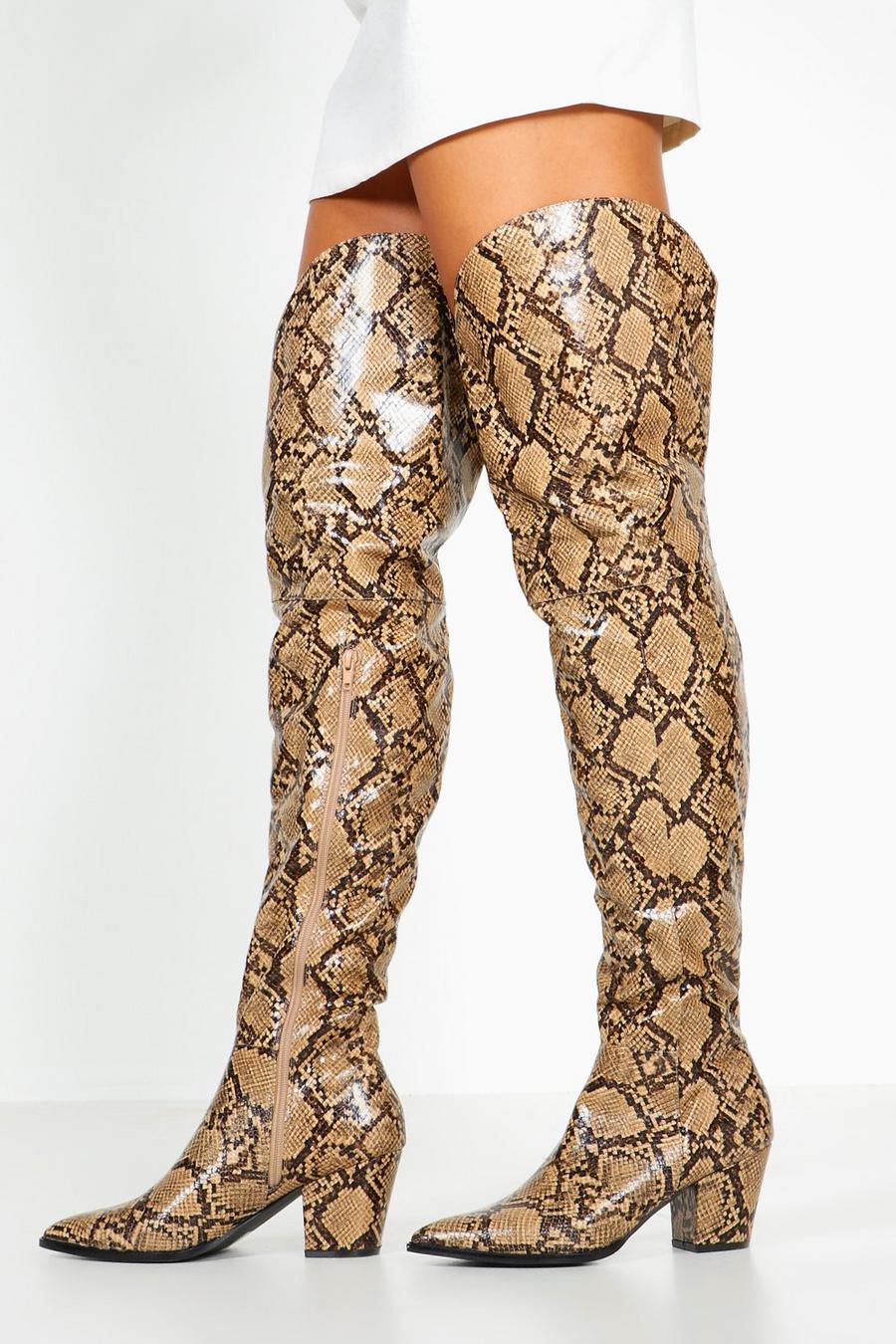 Brown Thigh High Snake Western Boots image number 1