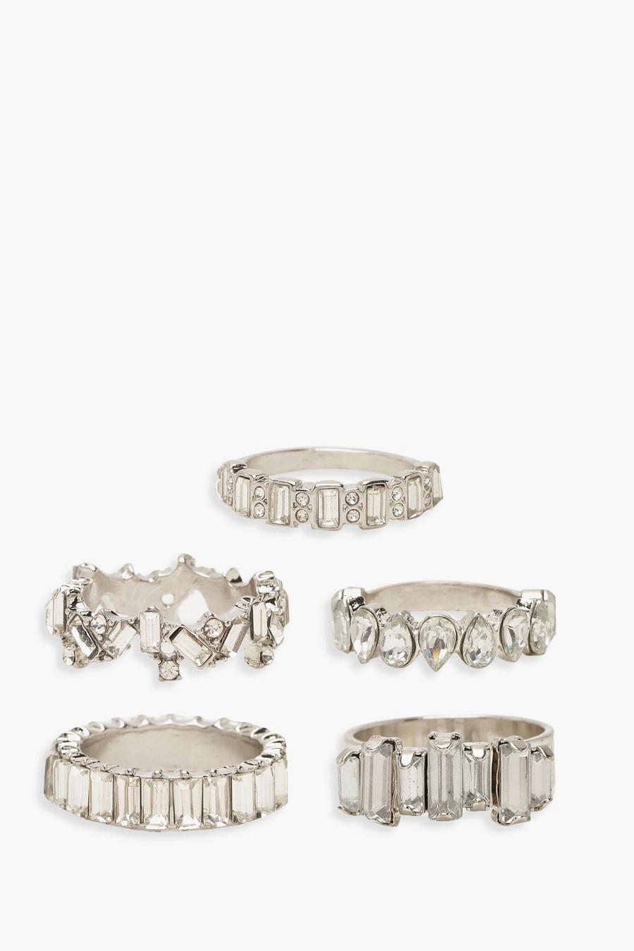 Pack de anillos con pedrería llamativa, Plateado image number 1