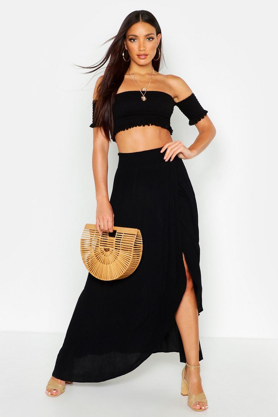 Black Cheesecloth Shirred Waist Maxi Skirt image number 1
