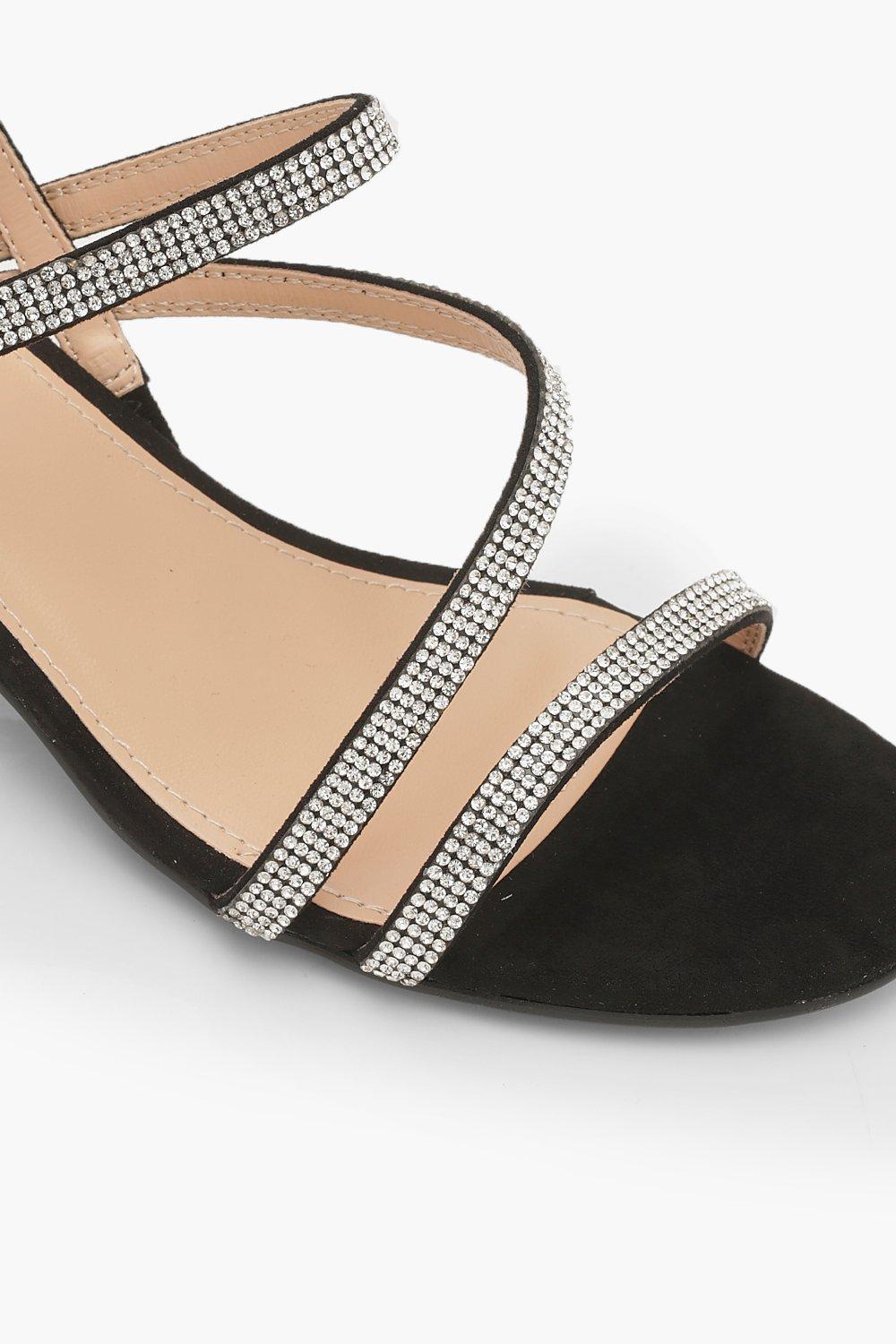 Wide Fit Black Diamanté Strap Block Heel Sandals