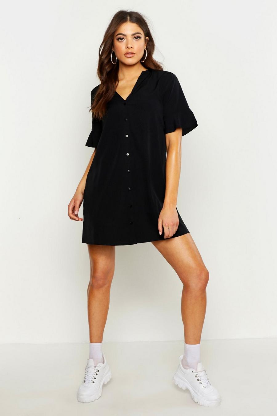 Woven V Neck Button Through Ruffle Shift Dress image number 1