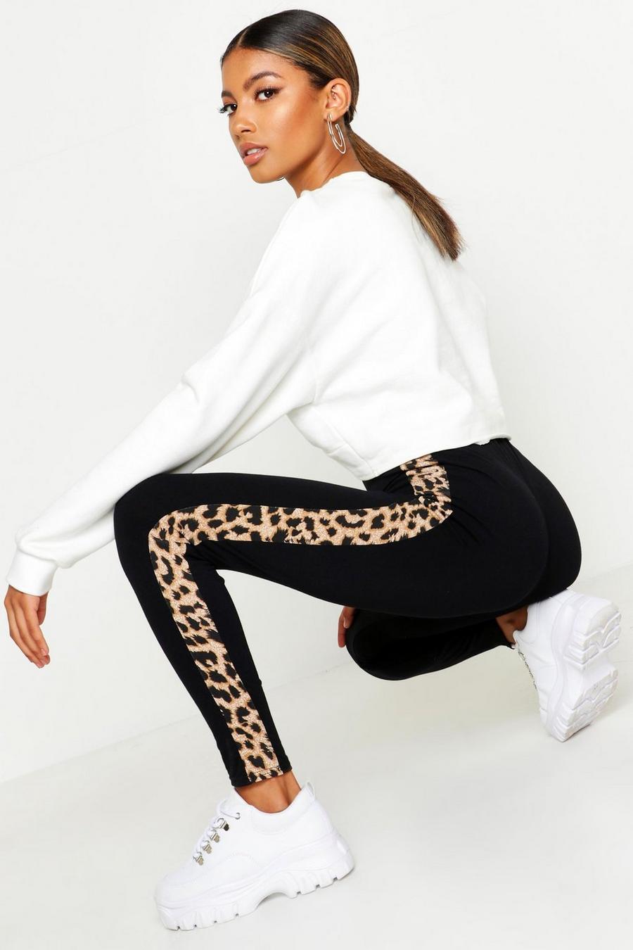 Black Leggings med leopardmönstrade sidopaneler image number 1