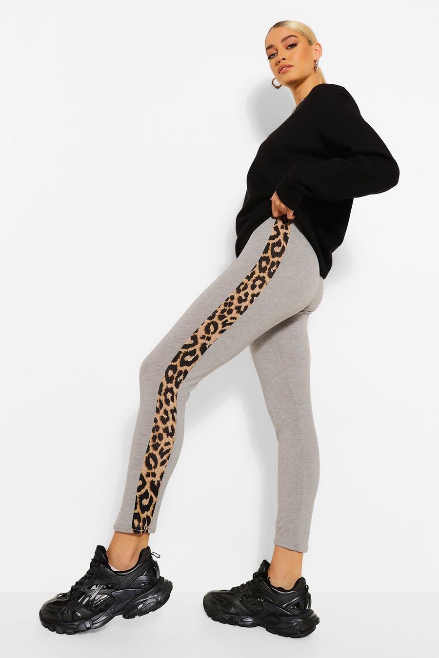 Grey marl Leopard Print Side Stripe Leggings image number 1