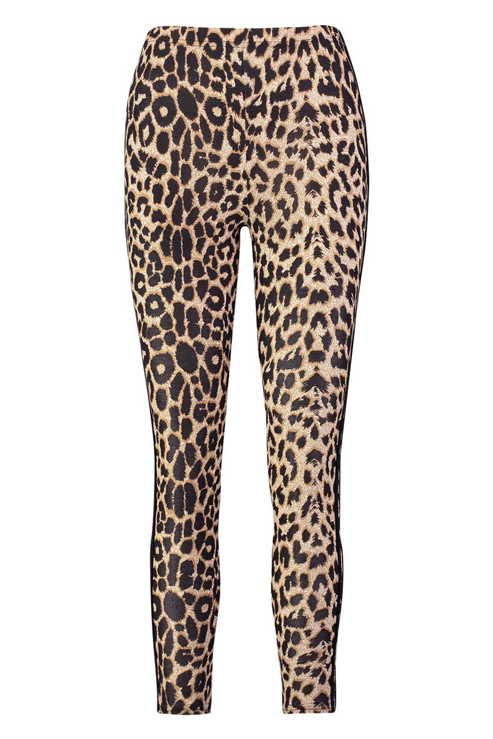Slinky Leopard Fur Trendy Side Stripe on Black Leggings