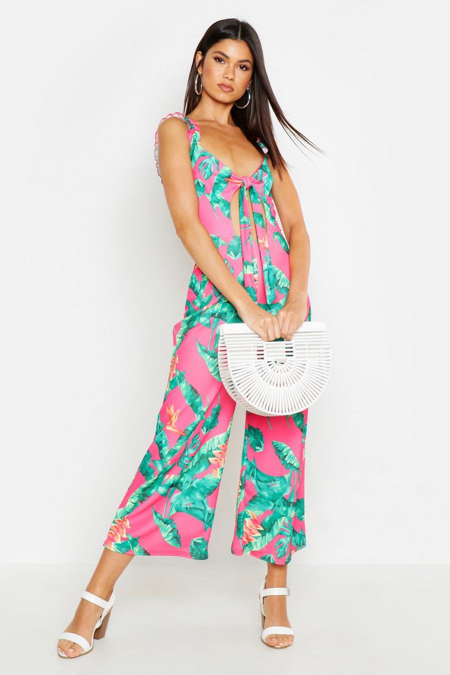 Pink rosa Knot Front Ruffle Strap Palm Print Jumpsuit image number 1